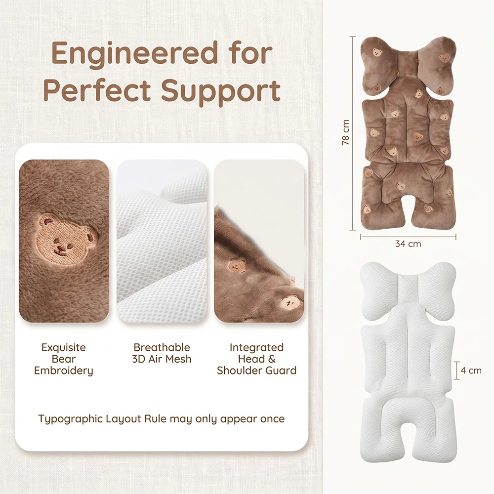 Baby Stroller Cushion with Plush Bear Pattern, Thickened Pad, Soft and Warm Stroller Liner, Universal Seat Cushion for Baby Strollers, Can Also Be Used for Some Baby High Chairs