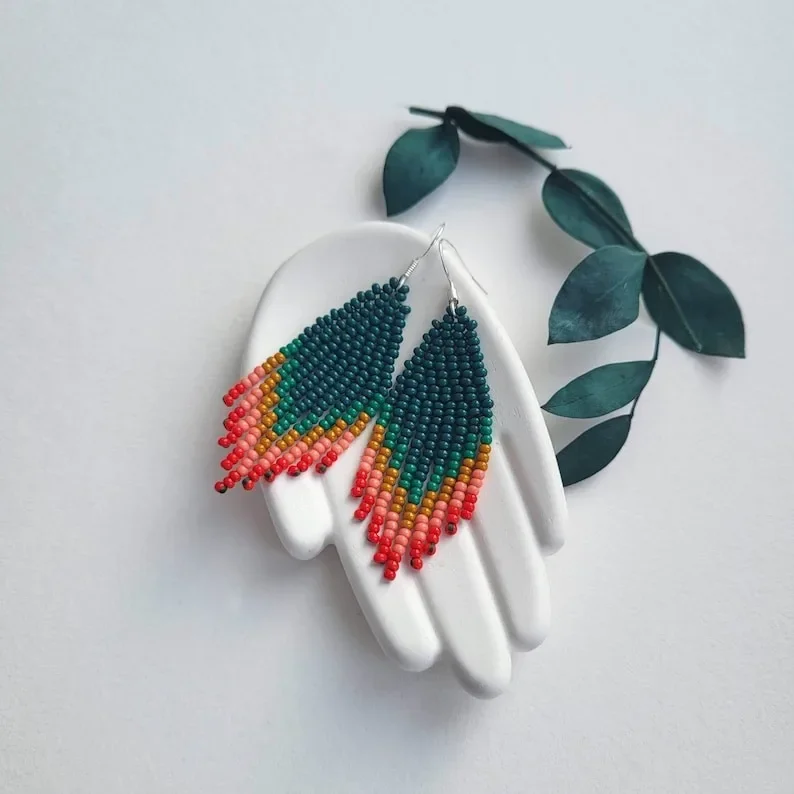 Handmade Beaded Earrings Geometry Original Triangle Bohemia Gradient Color Hand-woven Retro Tassel Beaded Earrings for Women view 5