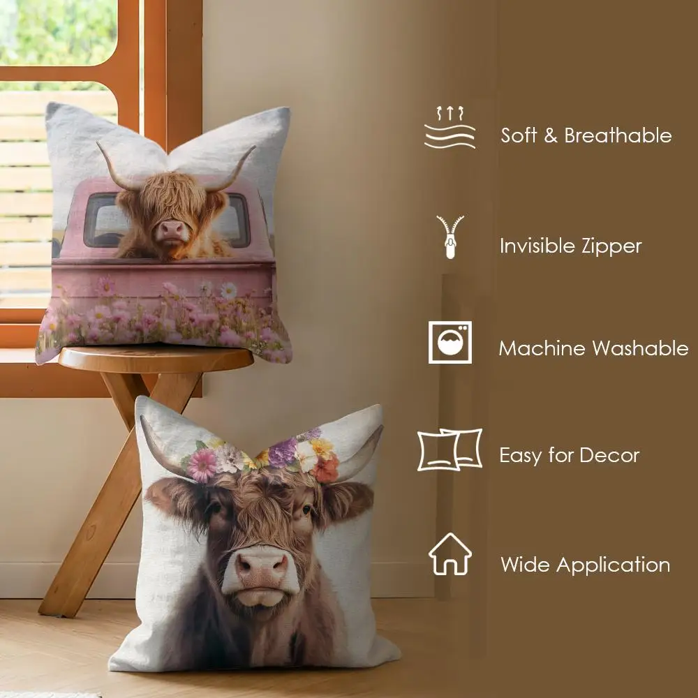 Highland Cow Wildflower Cushion Cover Soft Short Plush Pillow Cover Smooth Cozy Texture Aesthetic Cushion Case Home Decor