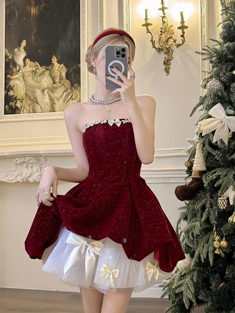 REDDACHiC Xmas Velvet Party Dress with Petticoat Glitter Bandeau Bow Pleated Puffy Mini Dress Cutecore Princess Birthday Clothes