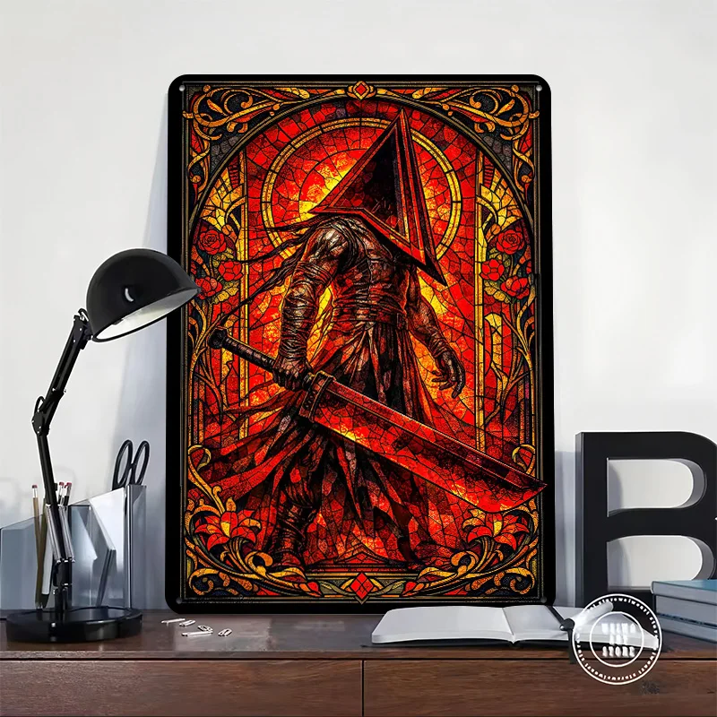 Pyramid Head Stained Glass Art Personalized 3D Textured Metal Poster Wall Art Tinplate Sign for Home Decoration Gaming Wand Deko