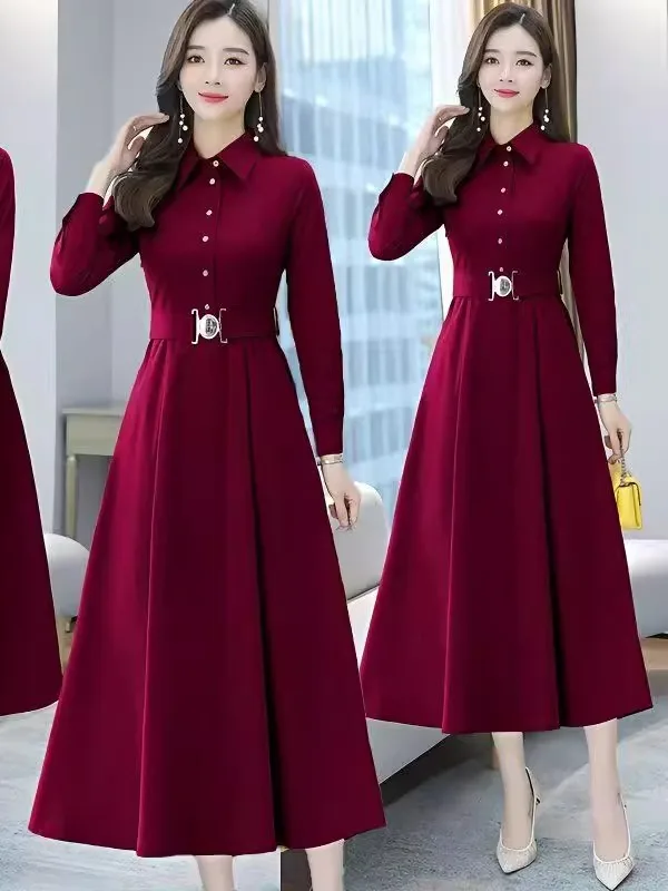 Sukienka midi w kształcie litery A dla kobiet plus size, nowa kolekcja jesienna, styl koreański, luźny krój, długi rękaw, detale z guzikami, włókno poliestrowe.