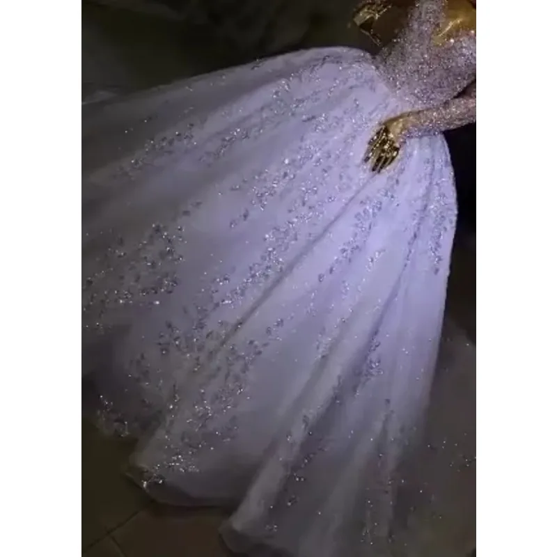 Customized Luxury Scoop Neck Shinny Beads Wedding Dress Sweep Train Vestidos De Novia Long Sleeves Puffy Plus Size Bridal Go