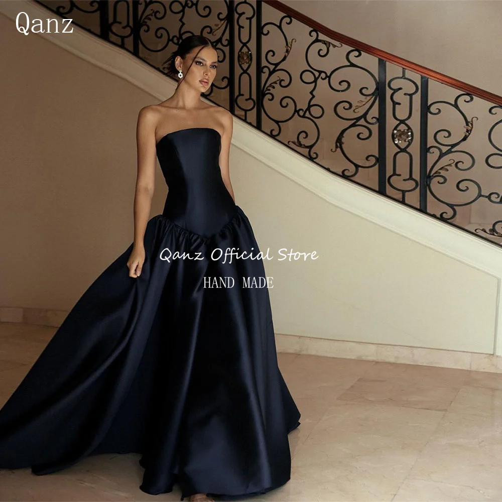 Qanz Elegant Dubai Arab Evening Dress Women Satin Customized A-line Long Formal Gowns Strapless Dark Blue Event Party Gowns 2025