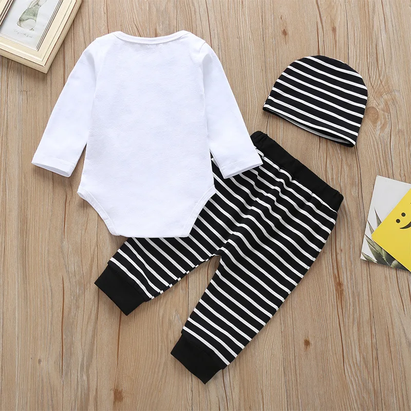 Baby Boy Girl Halloween Clothes Sets Newborn Infant Baby Cotton Letter Print Long-Sleeve Tops+Strip Pants+Hat 3 Piece Suits