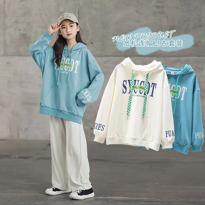 JUCPKID Spring Autumn School Girl Pullovers Teenager Girl Hooded Alphabet Workout Sweatshirt Junior Girl Big Pocket Coat Tops