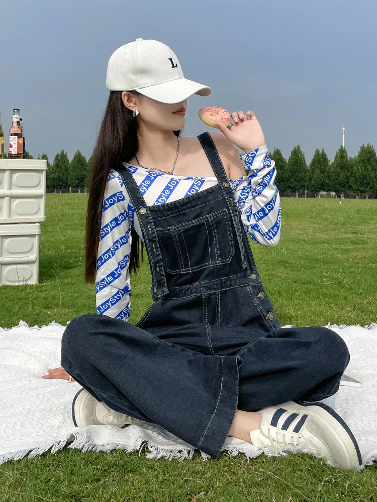 

Slim Fit Denim Overalls Women's Loose Casual Wide Leg Pants High Waist Cotton Polyester Blend Four Season Versatile Jeans