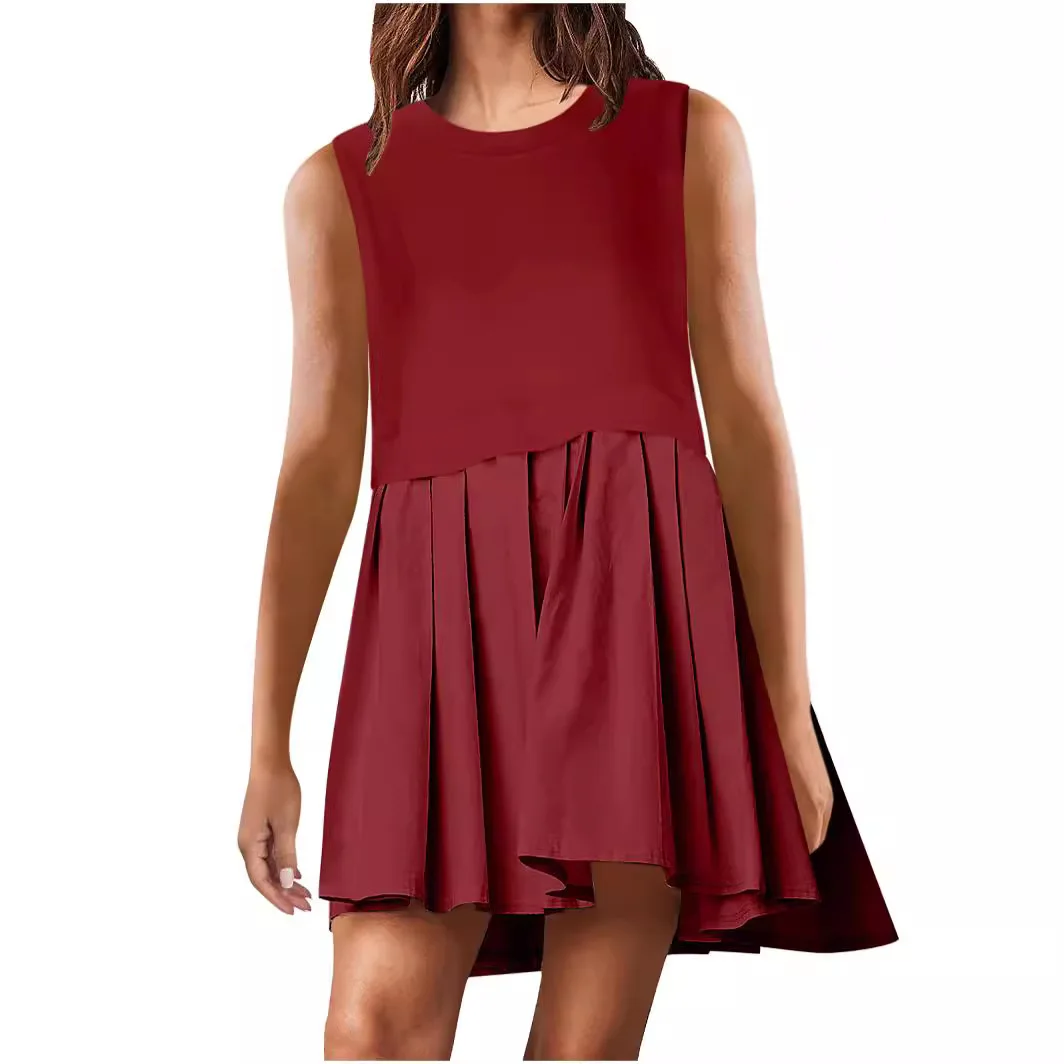 Women's short dress simple solid color A-line skirt traf round neck casual splicing pleated sleeveless dresses seaside beach image 4