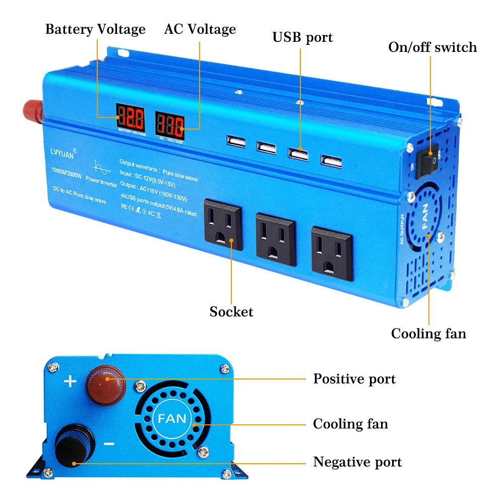 AC110V LVYUAN Inverter Onda Sinusoidale Pura DC12V Inversor Per Auto Per La Casa/Esterno Ventilatore Motosega Convertitore di Potenza 60Hz