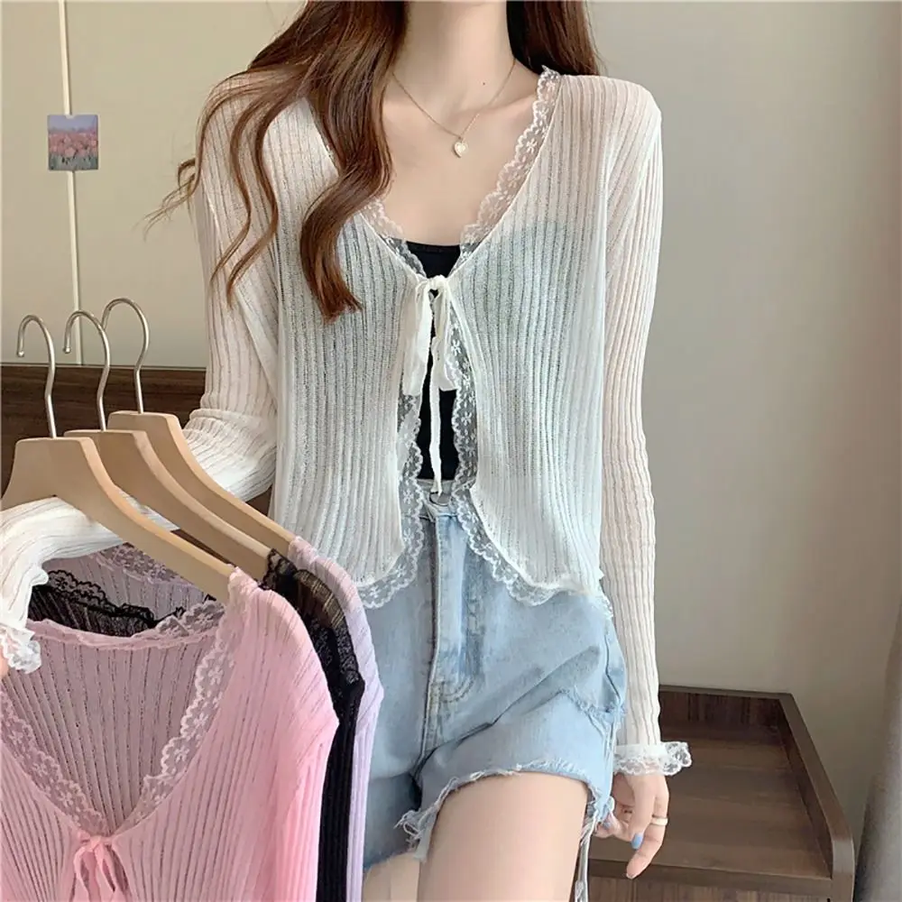 Exquisite Solid Color Knit Cardigan Frenum Sun Protection Lace Cardigan Thin Summer Thin Coat