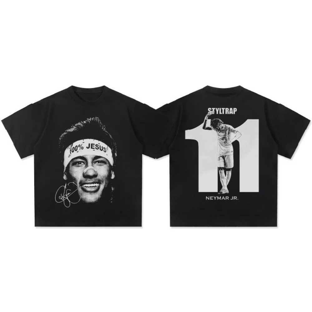 Camiseta de manga corta retro de estilo hip hop americano de verano para hombre y mujer, camiseta gruesa de manga corta con cuello redondo y estampado de Neymar.