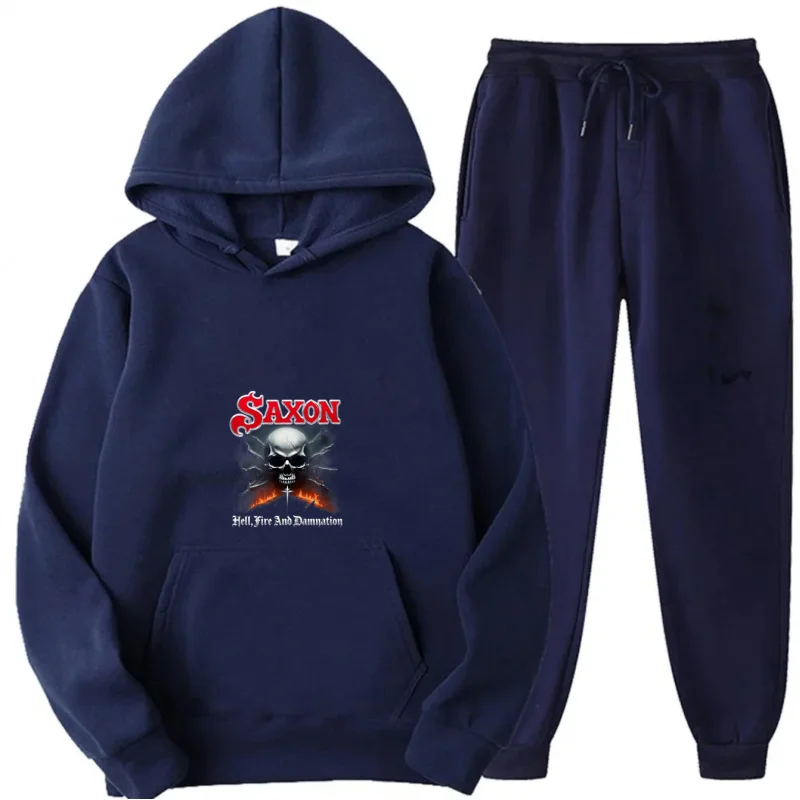 طقم هوديي رمادي + نمط ونص مطبوع عليه شعار فرقة ساكسون #5