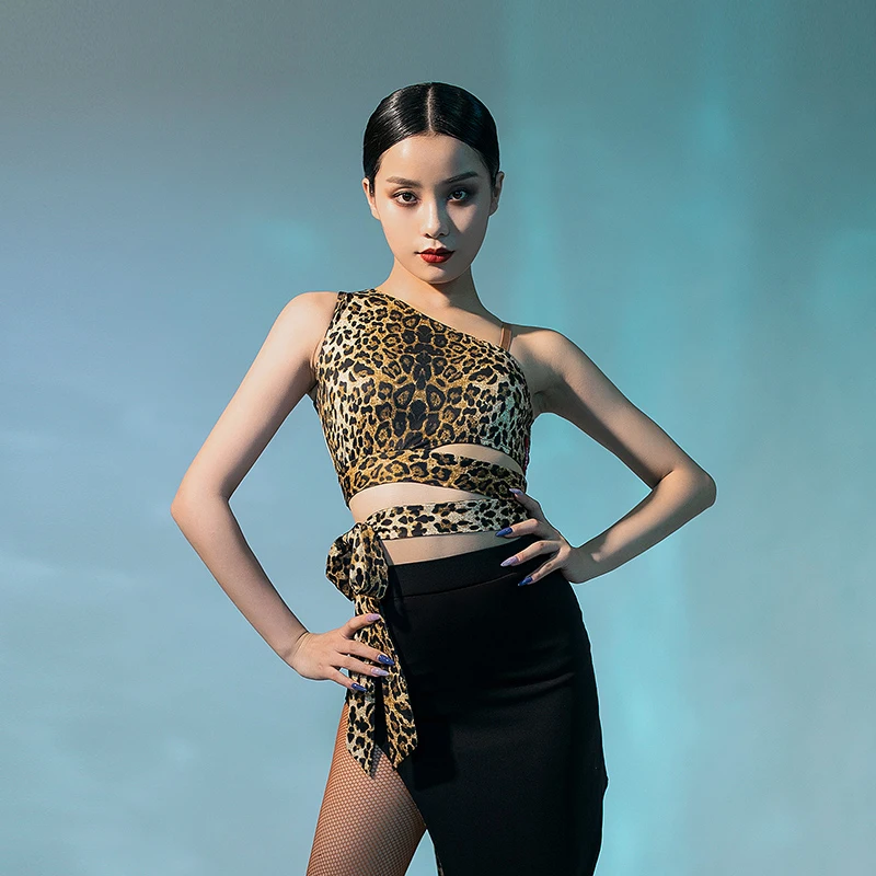 

Women Latin Dance Tops One Side Shoulder Leopard Latin Dancing Tops Practise Tango Chacha Rumba Shirts Dancing Performance