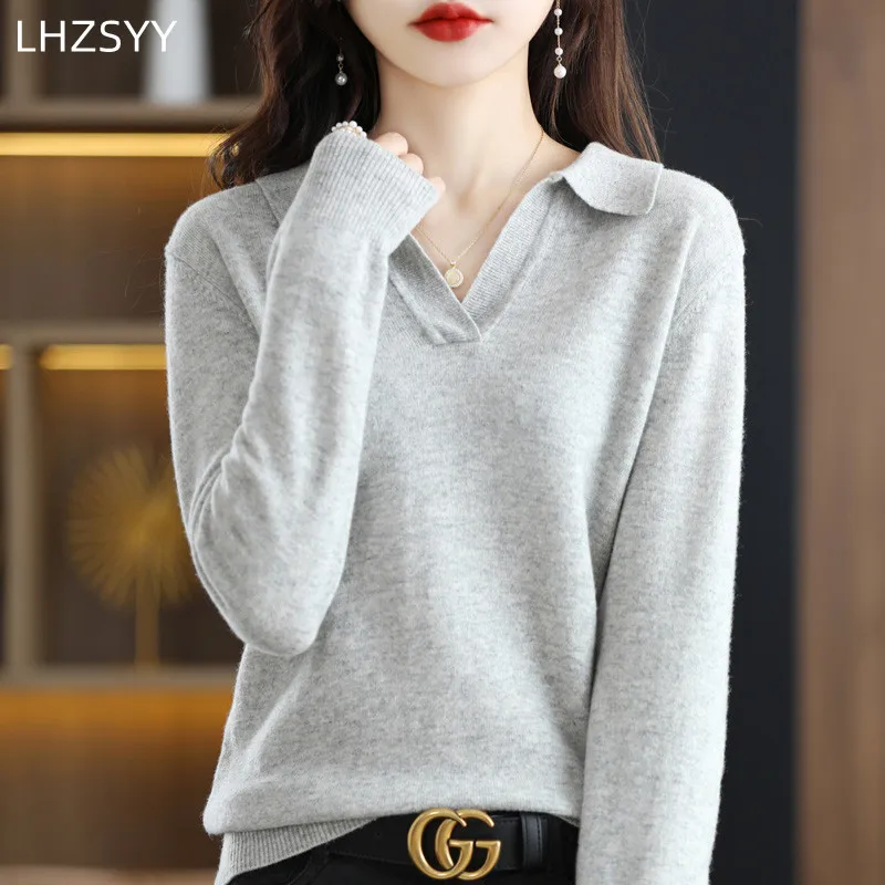 PoLo Collar Merino Wool Sweater Spring Loose Knit Pullover Women Shirt Warm Cashmere Sweater Large Size Top Female Jacket Jumper