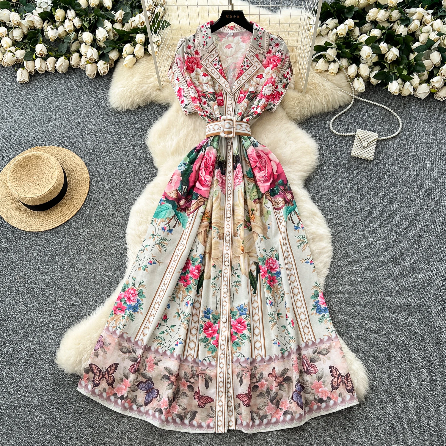 Długa sukienka maxi w stylu vintage, codzienna, w kwiaty, koszulowa, nowa, damska, letnia, z krótkim rękawem, kołnierzykiem w szpic, trzewik w stylu narodowym, sukienki w stylu bohemy z długim nadrukiem.