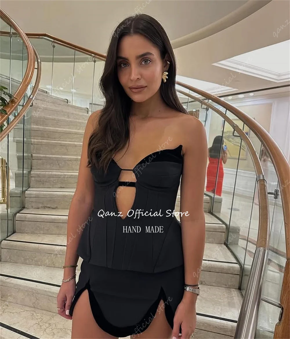 Qanz Mini Black Satin Prom Dresses Corset Back  Bespoke Occasion Dresses Sweetheart Plus Size Vestidos De Fiesta Customized image 2