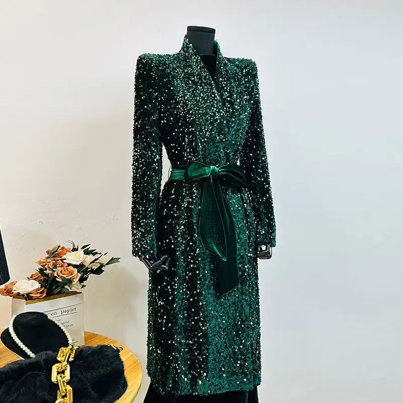 2024 Autumn Winter blackish green velvet Shiny long coat women Stand collar Versatile noble temperament slim fit lady coat Trend