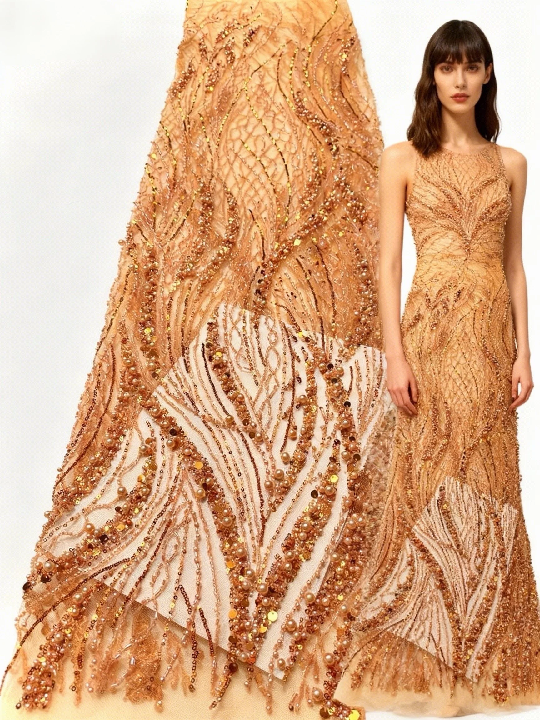 

Luxury Orange High End Embroidered 2025 Tulle Handmade Full pearls Net Lace French Party Evening Dress Wedding Mesh Fabric Diy