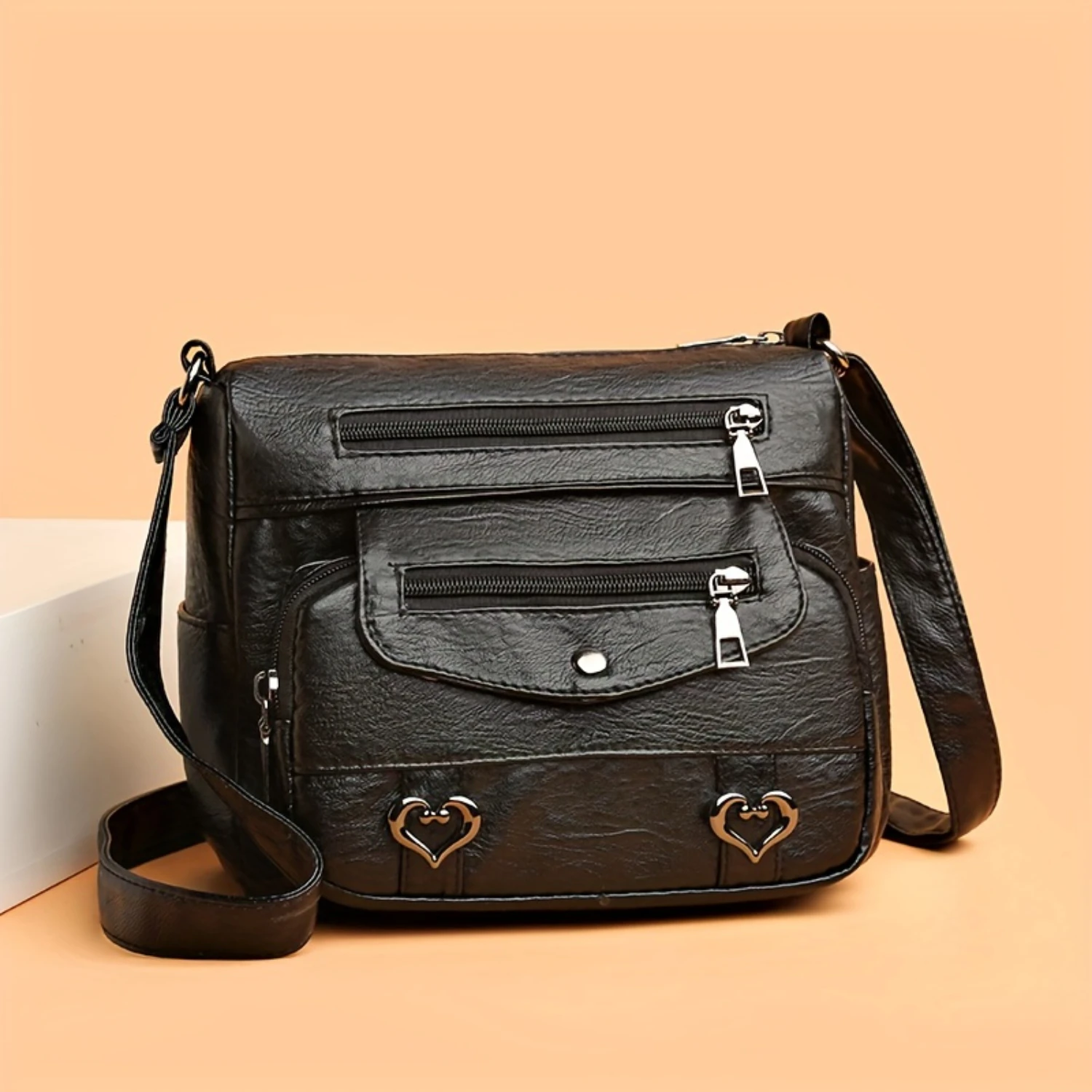 Retro Multi Pockets Crossbody Bag, Faux Leather Shoulder Bag, Heart Decor Purse - Women's Fashion