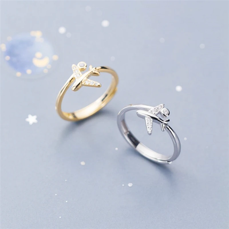 Cute Mini Zircon Airplane 925 Sterling Silver Fine Female Resizable Opening Rings RI977