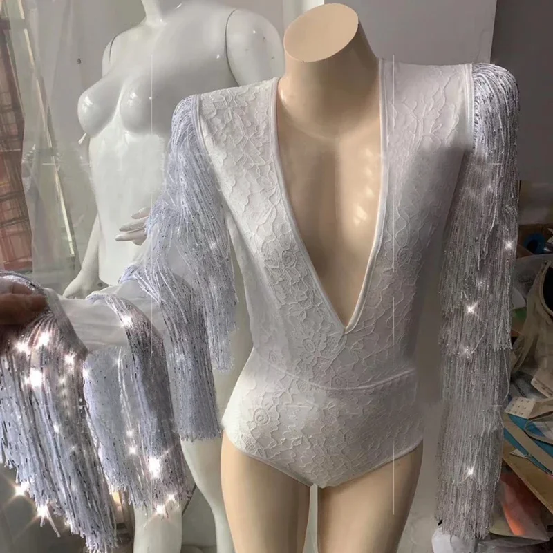 Bar Nightclub Party Dj Ds Gogo Dancer Costume Sexy Deep V Fringed Sleeves Bodysuit Women Stage Festival Outfit Rave Wear XS6518