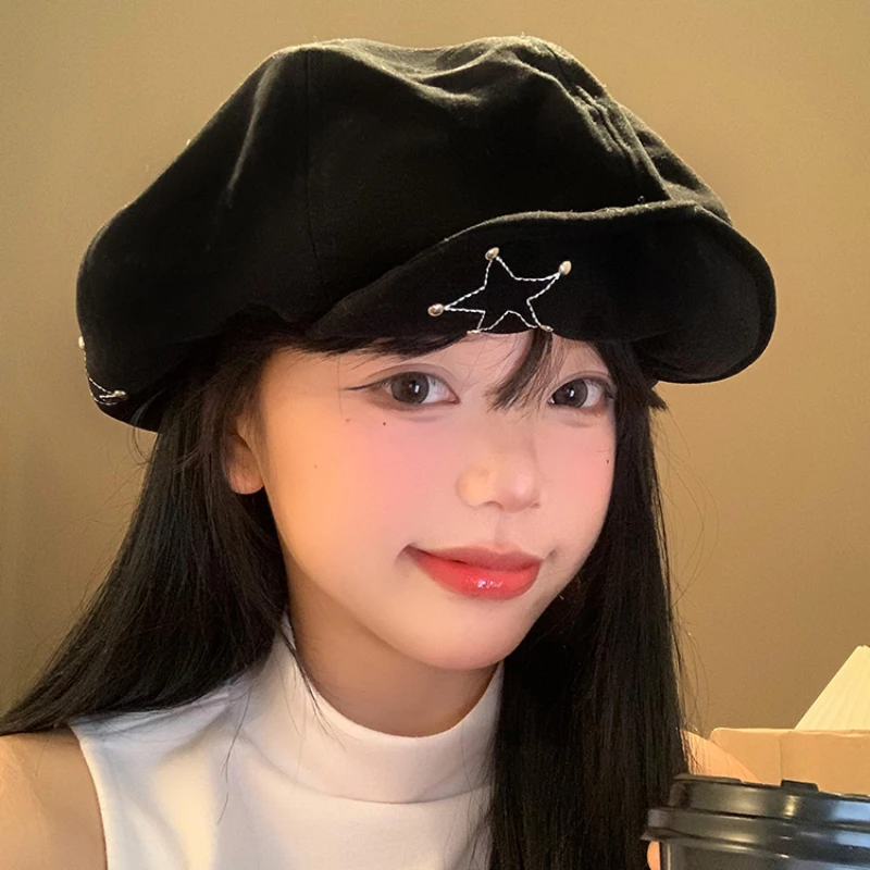 Korean Version Oversized Black Berets Caps for Women Summer Casual Versatile Show Face Small Sweet Star Design Cloud Painter Hat