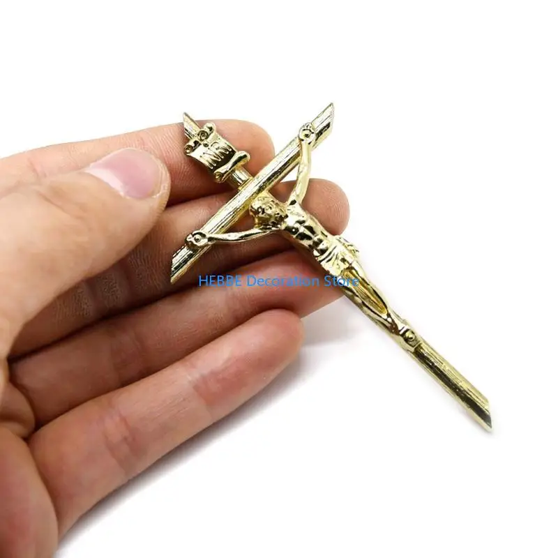 B0KC Catholic Praying Crucifix Pendant 24K Gold Plated DIY Jewelry Christ Jesus Necklace Amulet Crucifix 4.6x8.1CM Pendant