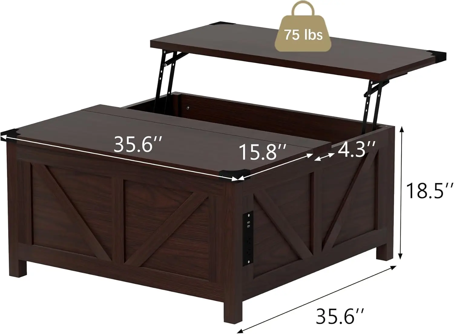 Mesa de centro elevable de 35,6 pulgadas, granja con estación de carga y puertos USB, mesas de centro para sala de estar, oficina en casa, marrón