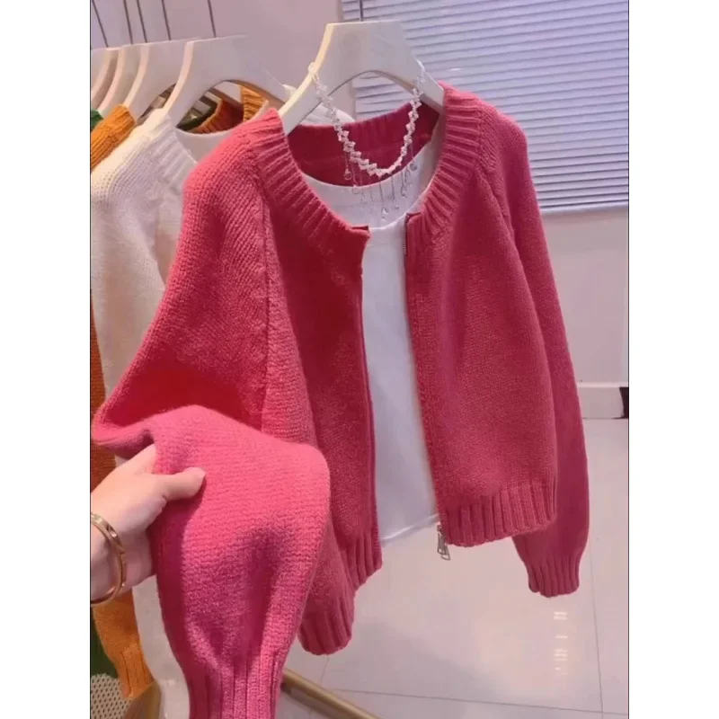 

New 2025 Korean-style Loose-fit Red Cropped Sweater Autumn Knitted Cardigan Ins Casual Chic Streetwear Zip-up Outerwear