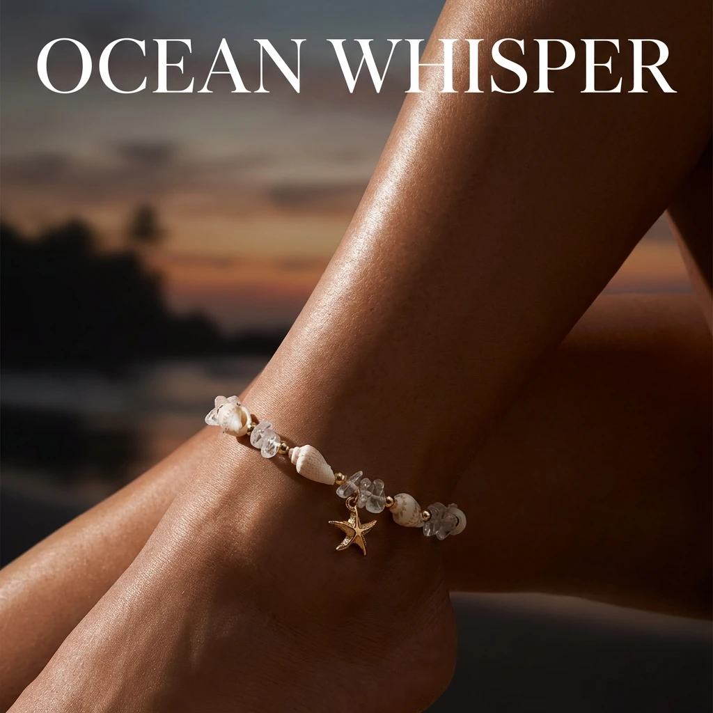 Boho Fußkettchen mit Muscheln für Frauen, Natürliche Kristallsteinperlen, Goldfarbener Seestern-Anhänger, Fußkette, Sommer-Strandschmuck, Geschenk – Detail 6
