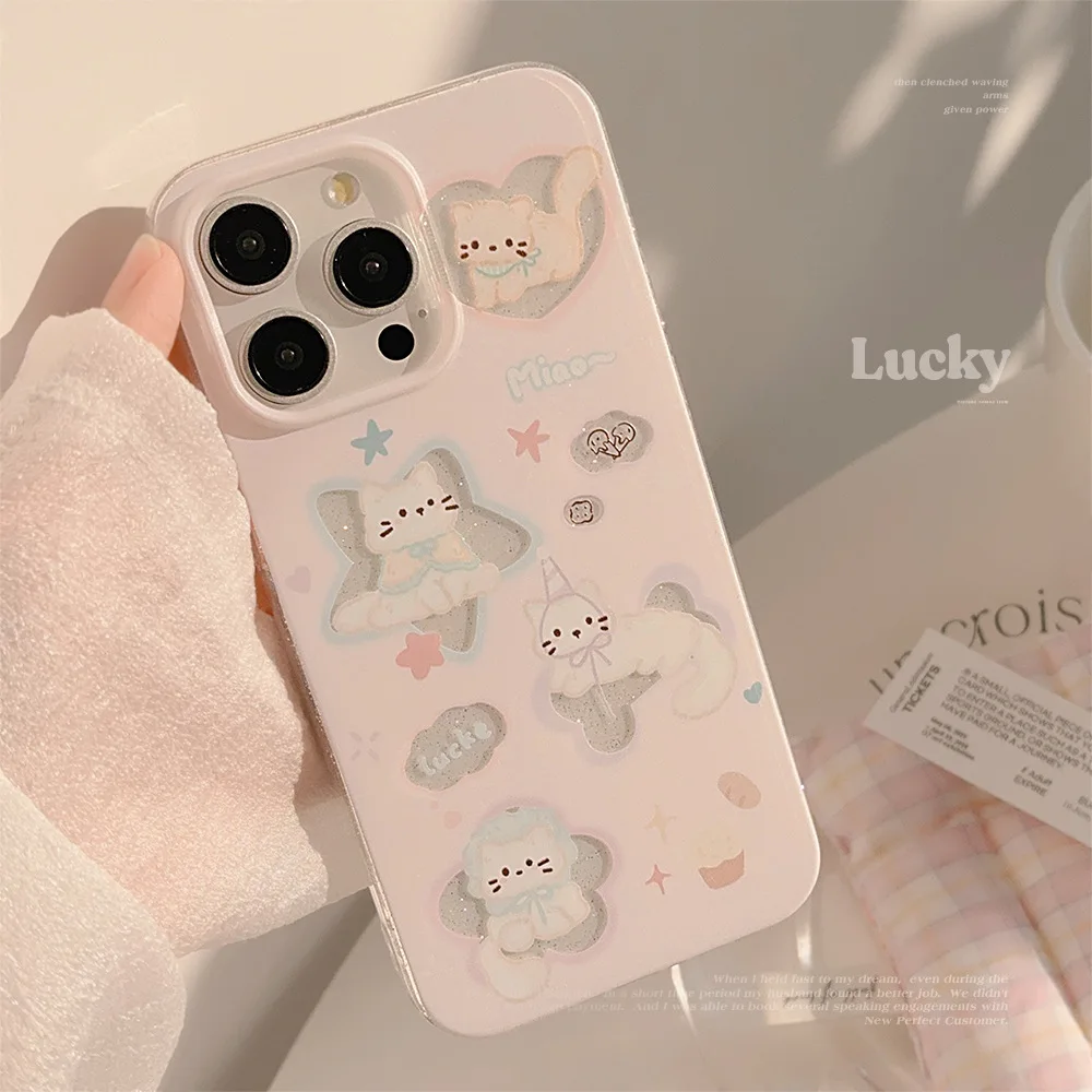 Dessin animé rose évider paillettes étoiles mignon chat antichoc housse de protection pour iPhone 16 15 14 13 12 11 Pro Max Plus