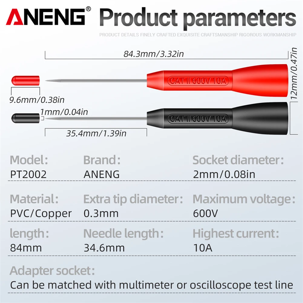 ANENG PT2002 Insulation Piercing Needle 1mm Pin Non Destructive Multimeter Test Probe 10A 600V Multimeter Probes Needle