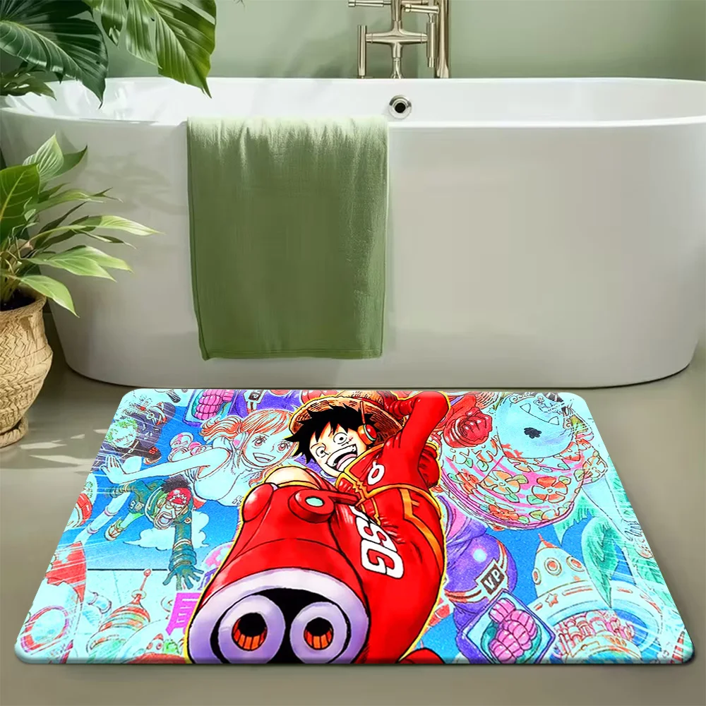 Alfombra de Baño Antideslizante y Absorbente con Diseño de Anime One Piece, Arco Egghead de Monkey D. Luffy, Escena Colorida del Manga, Personajes Icónicos de la Tripulación con Sombrero de Paja