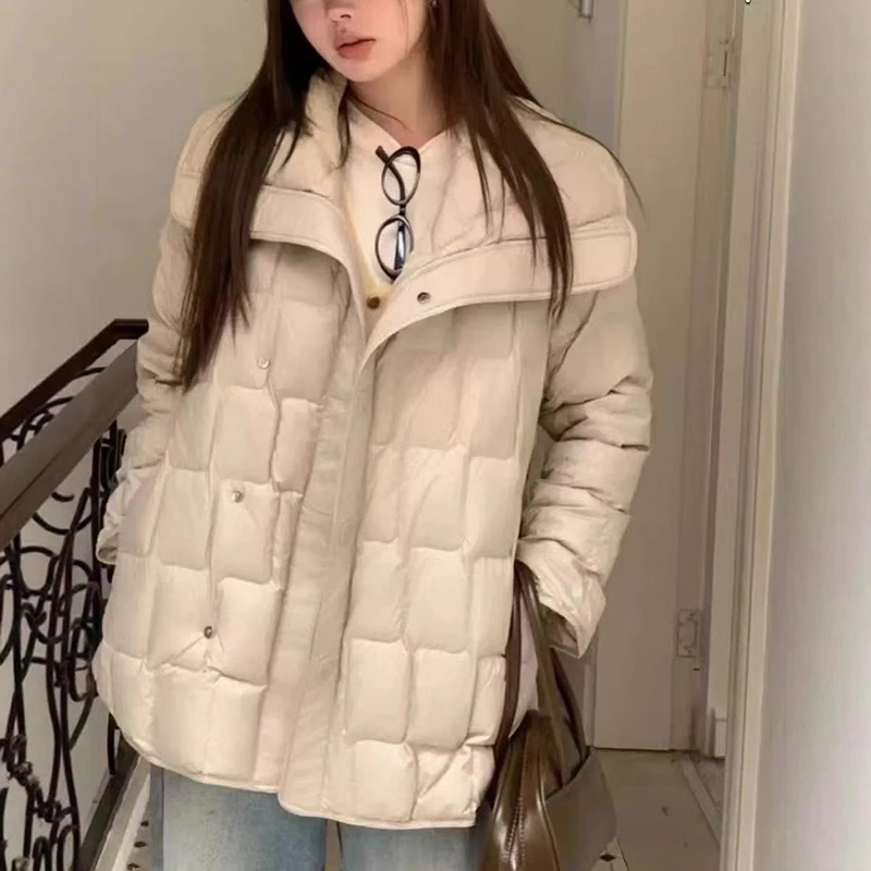 Winter Mid Length Large Lapel Down Jacket Women White Duck Down Big Pocket Loose Parker Outwear Female Thick Warm Lace Up Jacket