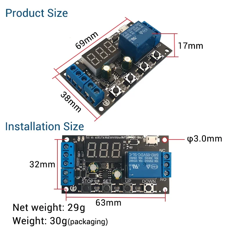 ZK-TD2 1 Channel DC 5 -30V Trigger Delay On/Off Cycle Timer Relay Switch Module with Digital LED Display Micro USB 0.1s -999min