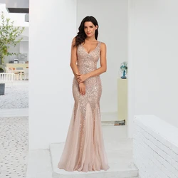 2024 New Women Elegant Double V-neck Cocktail Dress Sexy Mermaid Sequin Women Floor Length Party Dress Sexy Evening Vestido De