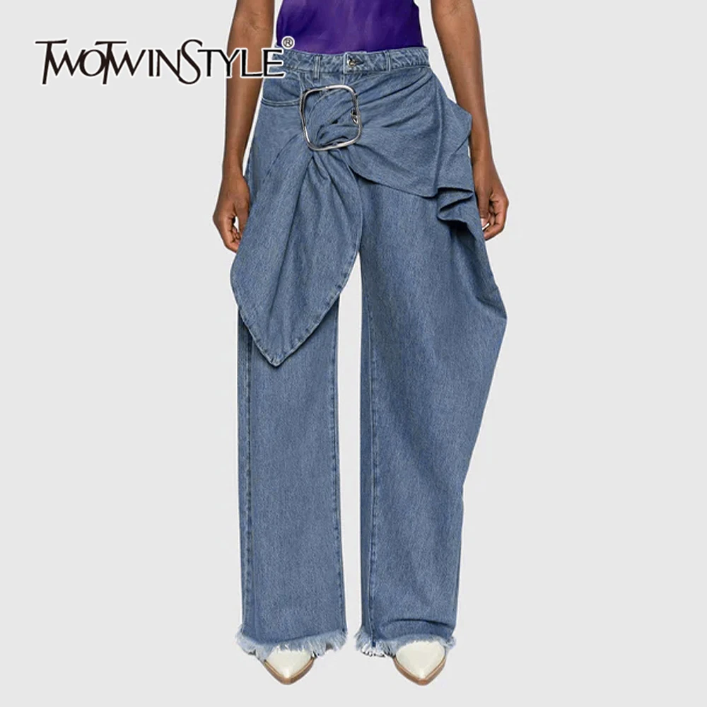 

TWOTWINSTYLE Spliced Pockets Streetwear Denim Pants For Women High Waist Patchwork Belt Casual Wide Leg Jeans Female Fashion New