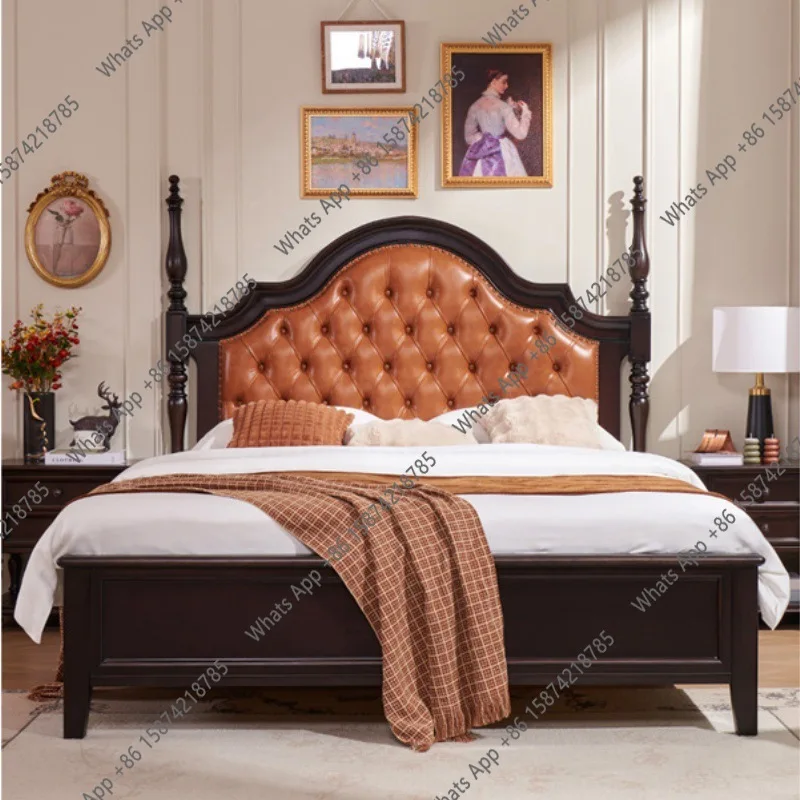 

American retro solid wood bed, French leather double bed, vintage style master bedroom 1.8 meters soft bag double bed wedding