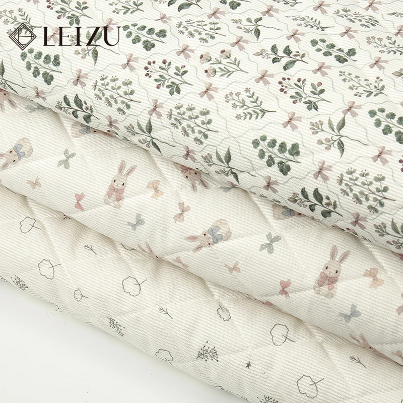0.5m/1m/2m Quilted Fabric Clip Cotton Cute Rabbit Plants Print for Jackets Bags Coats Bedding Pillows Handmade DIY Sewing Fabric