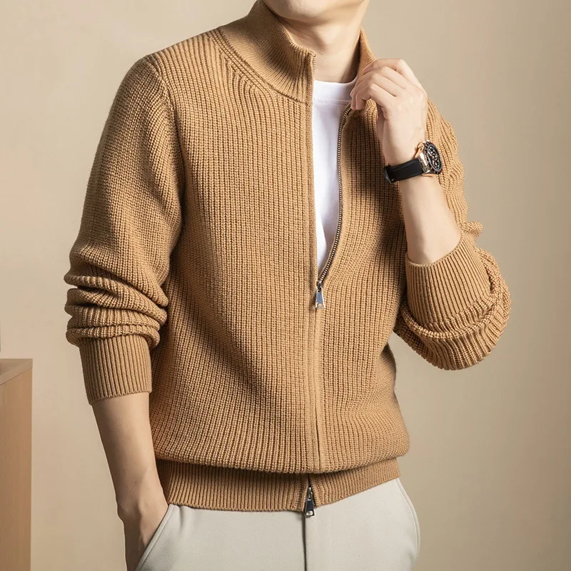 Men Thickened Stand Collar Wool Cardigan Men's Autumn Winter 100% Pure Wool
