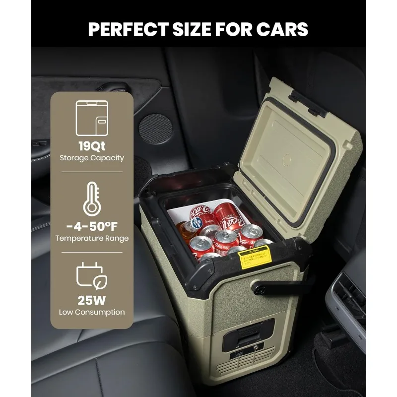 D18 12 Volt Car Refrigerator, Portable Freezer 19Qt/18L Battery & Solar Powered Cooler 25W, -4~50℉, 12/24V DC, 110~240V AC,