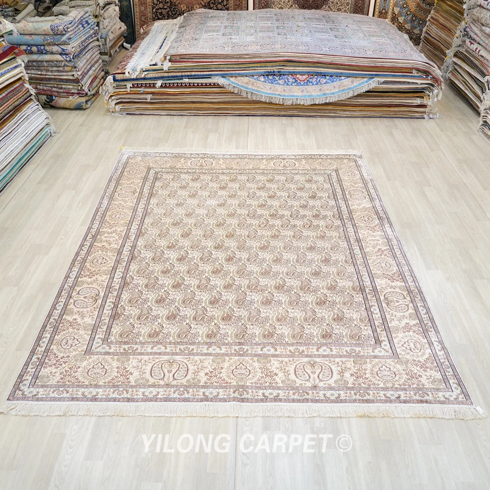 244x305cm Vantage Qom Turkish Silk Rug Large Antique Beige Hereke Silk Carpet (LH61B)