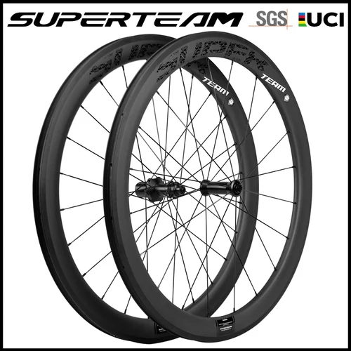 SUPERTEAM-juego de ruedas de carbono para bicicleta de carretera, ruedas de carbono de 50mm, calcomanía negra, rueda de bicicleta con superficie de freno de basalto de cubo R18
