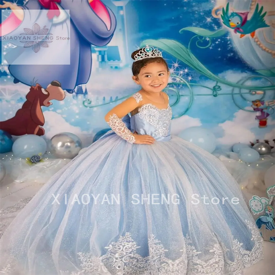 

Flower Girl Dress Illusion Long Sleeve Maxi Dress Satin Sparkling Fluffy Tulle Ball Gown Communion Dress