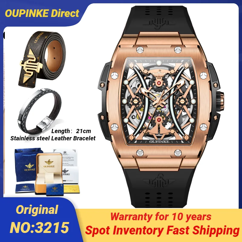 

OUPINKE 3215 Hollow Mechanical Men's Watch Imported Automatic Movement Tonneau Dial Sapphire Mirror Luxury Brand Wristwatches