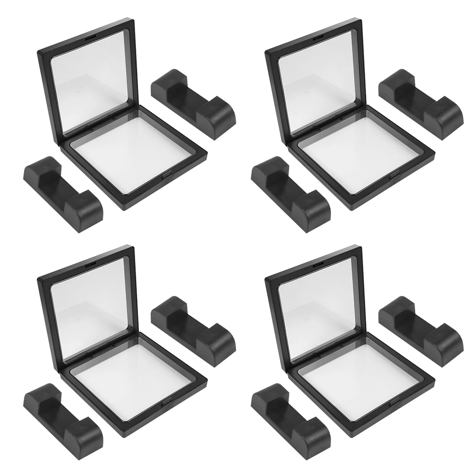 

12pcs Clear Display Box Floating Holder For Jewelry Organizer Dustproof Storage Case Black 4 Boxes+8 Bases Pe Frame