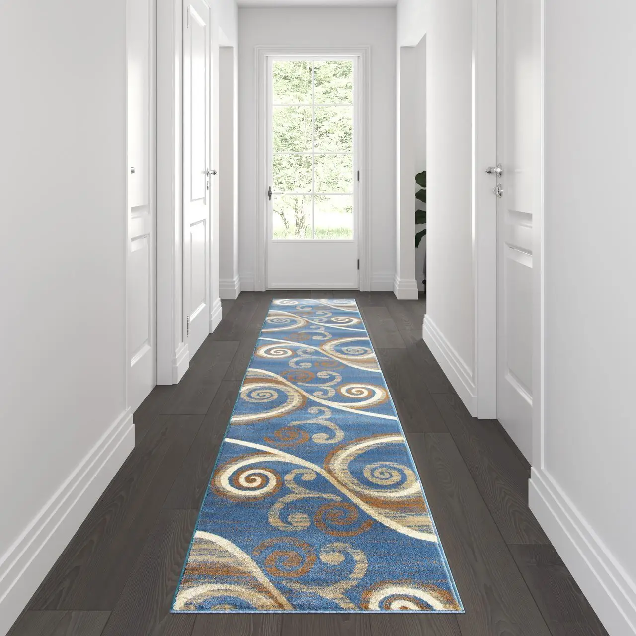 Valli Collection 2' x 11' Blue Abstract Area Rug - Olefin Rug with Jute Backing