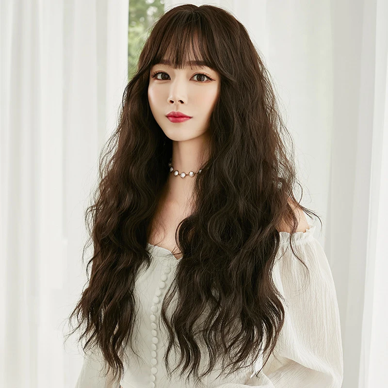 

New wig for women with straight or side-swept bangs, long curly hair, large waves, high-temperature synthetic fiber, full head c
