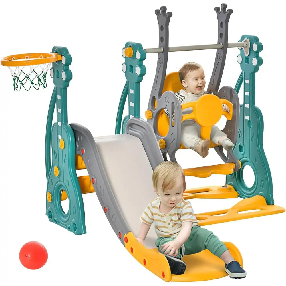 

4 in 1 Toddler Swing, Slide, and Climber Set for Ages 1.5-3, Safety-Designed with Basketball Hoop, Ideal Indoor/Outdoor Play