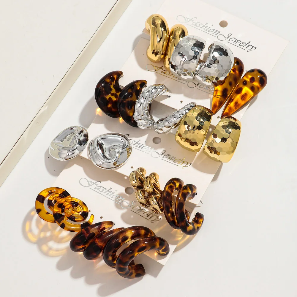 3 أزواج خمر الاكريليك الذهبي ليوبارد فضي هندسية كبيرة مكتنزة طقم من الحلقان للنساء شخصية هوب القرط 2025 مجوهرات #2